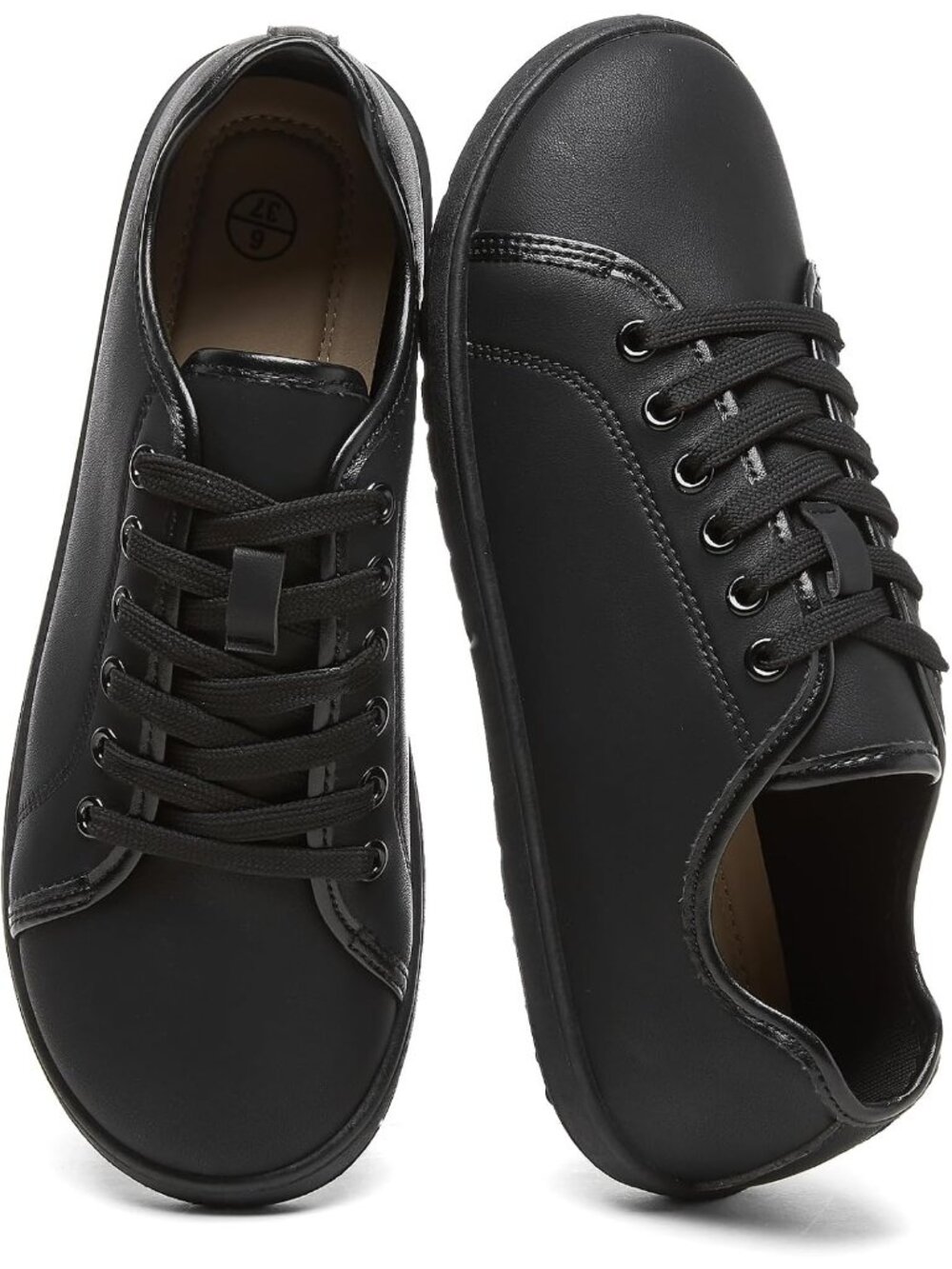 Women's Black Faux Leather Waterproof Thin Sole Non Slip Round Toe Sneakers